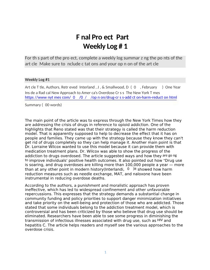 Weekly Log 1 - New Approach to America's Overdose Crisis