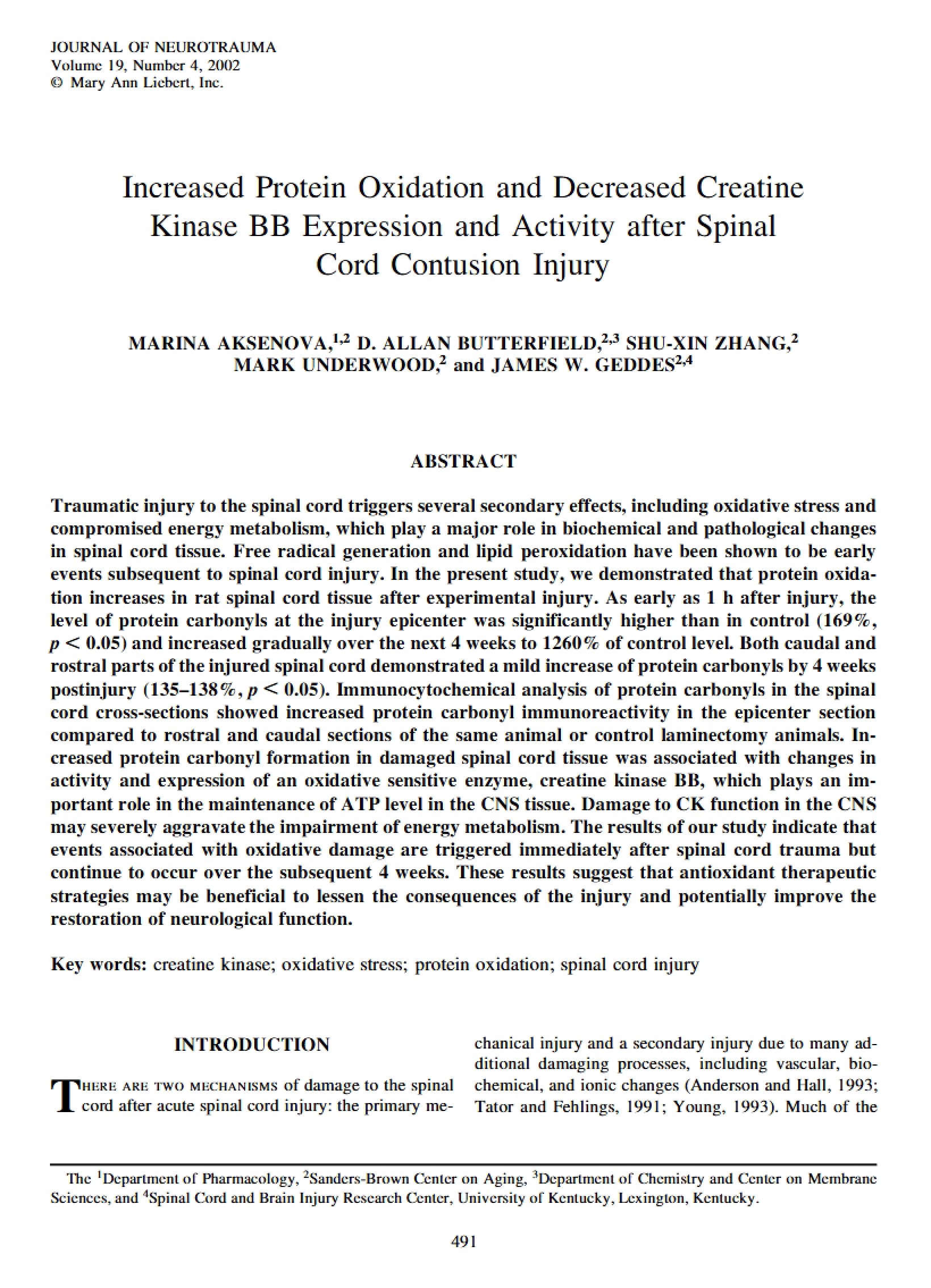 Creatine Decrease and Protein Oxidation Increase