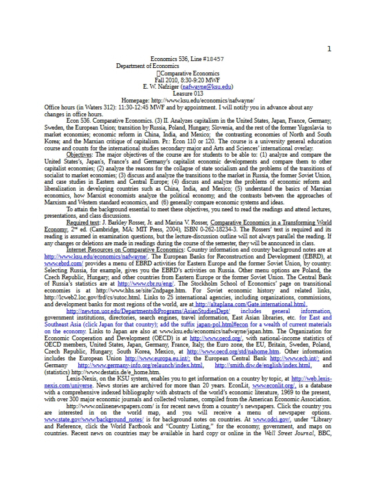Syllabus for a Course on Comparative Economics