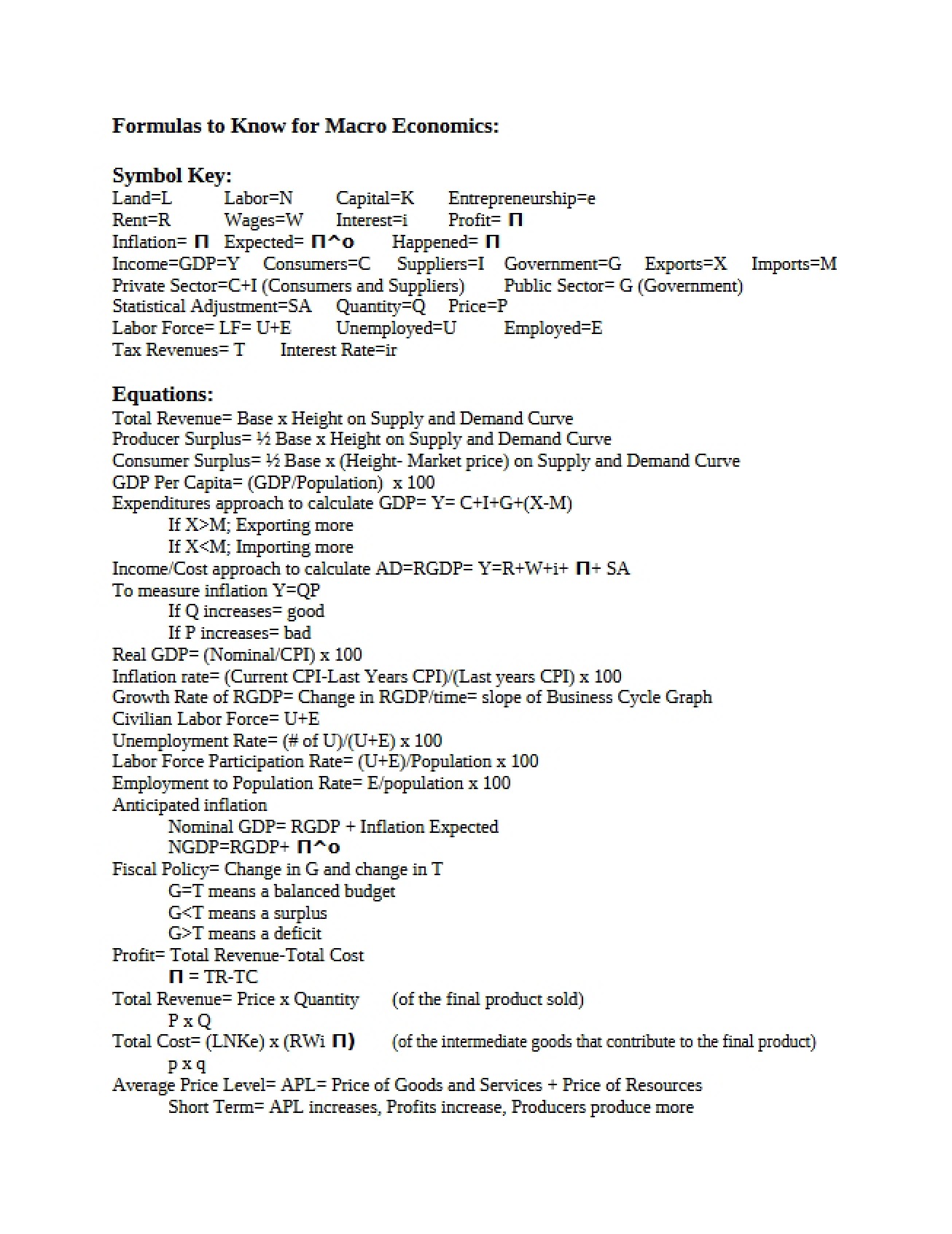 Second Part of Macroeconomics Formulas