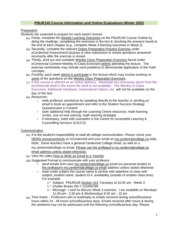 Course Information and Online Evaluations for PNUR145 Winter 2023