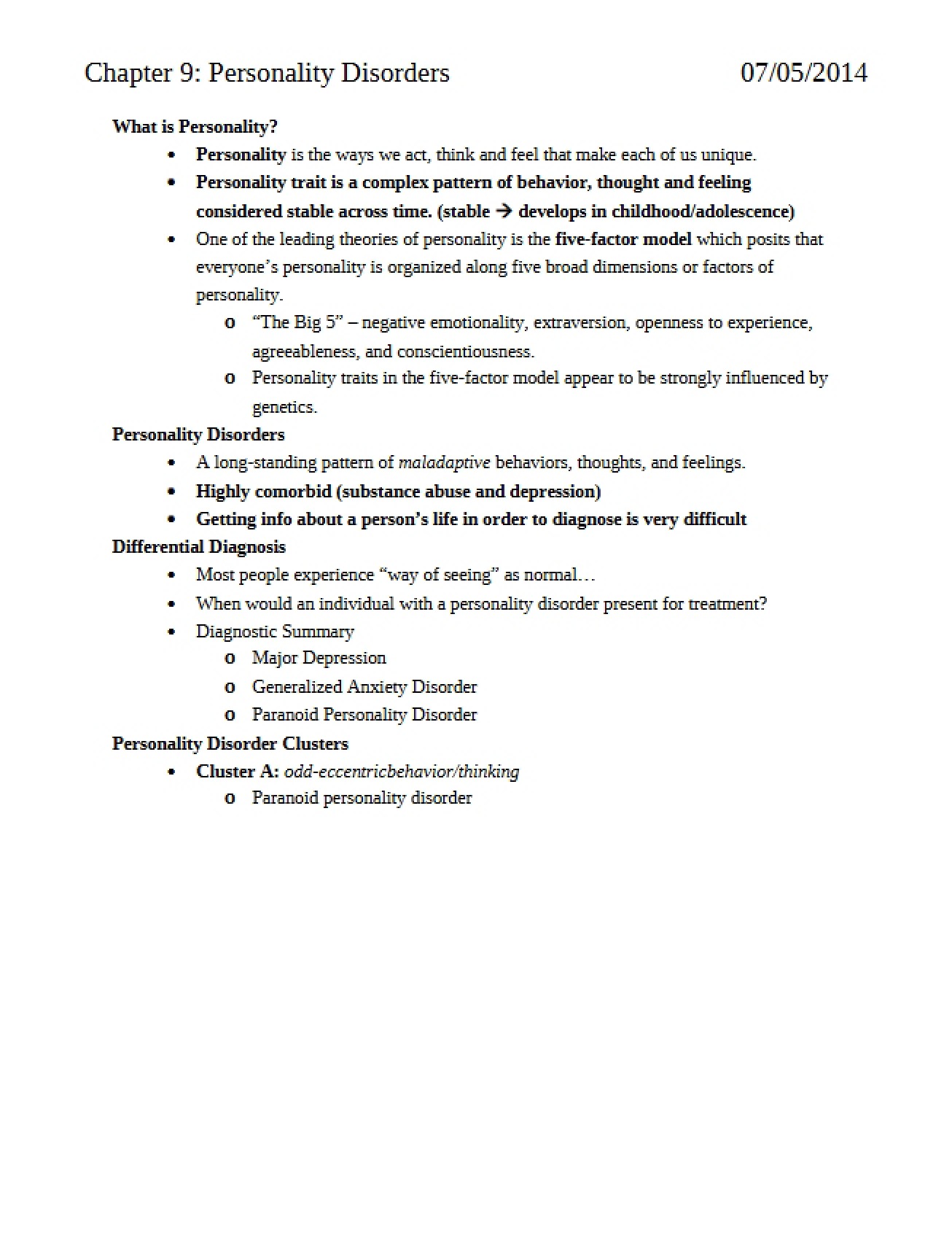 Chapter Nine's Analysis of Personality Disorders