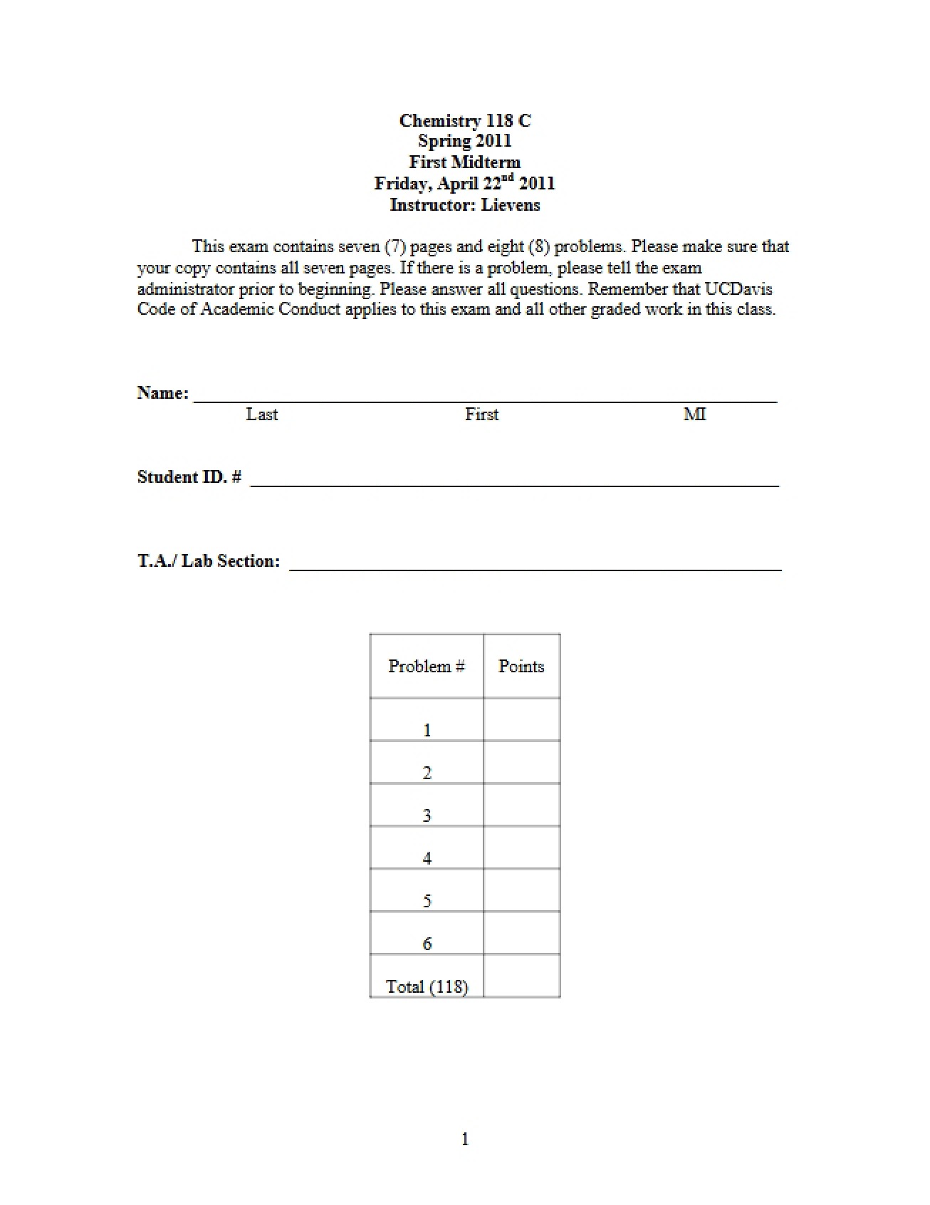 Midterm 1 for CHE 118C Spring 2011