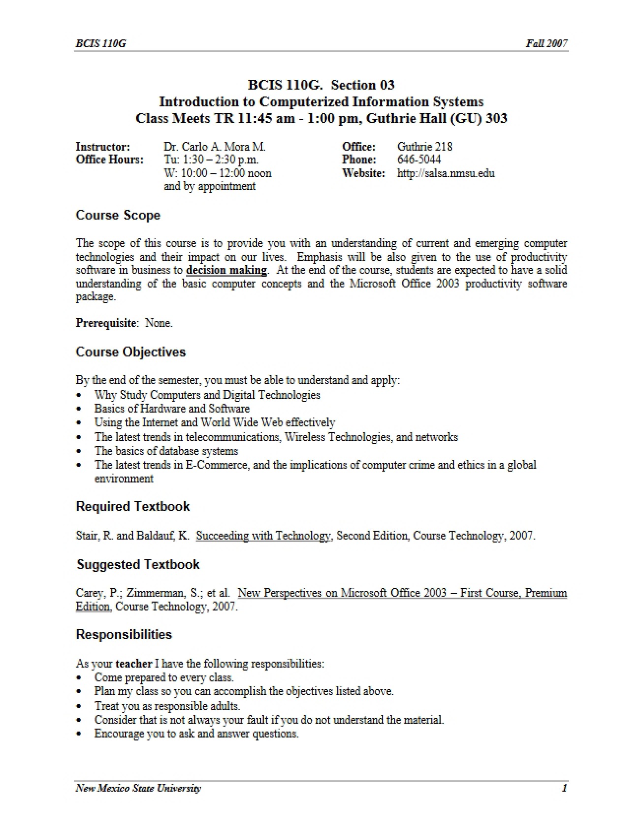 Syllabus for Business Computer Information Systems