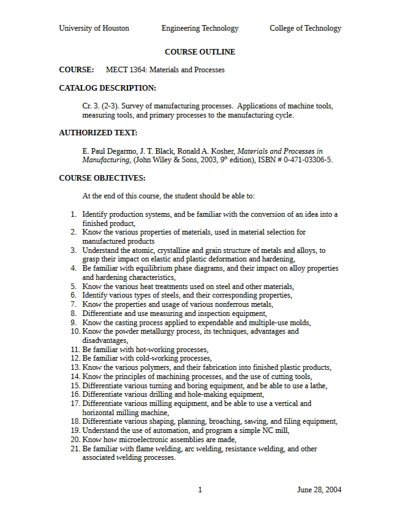 Course Outline (Materials & Processes)