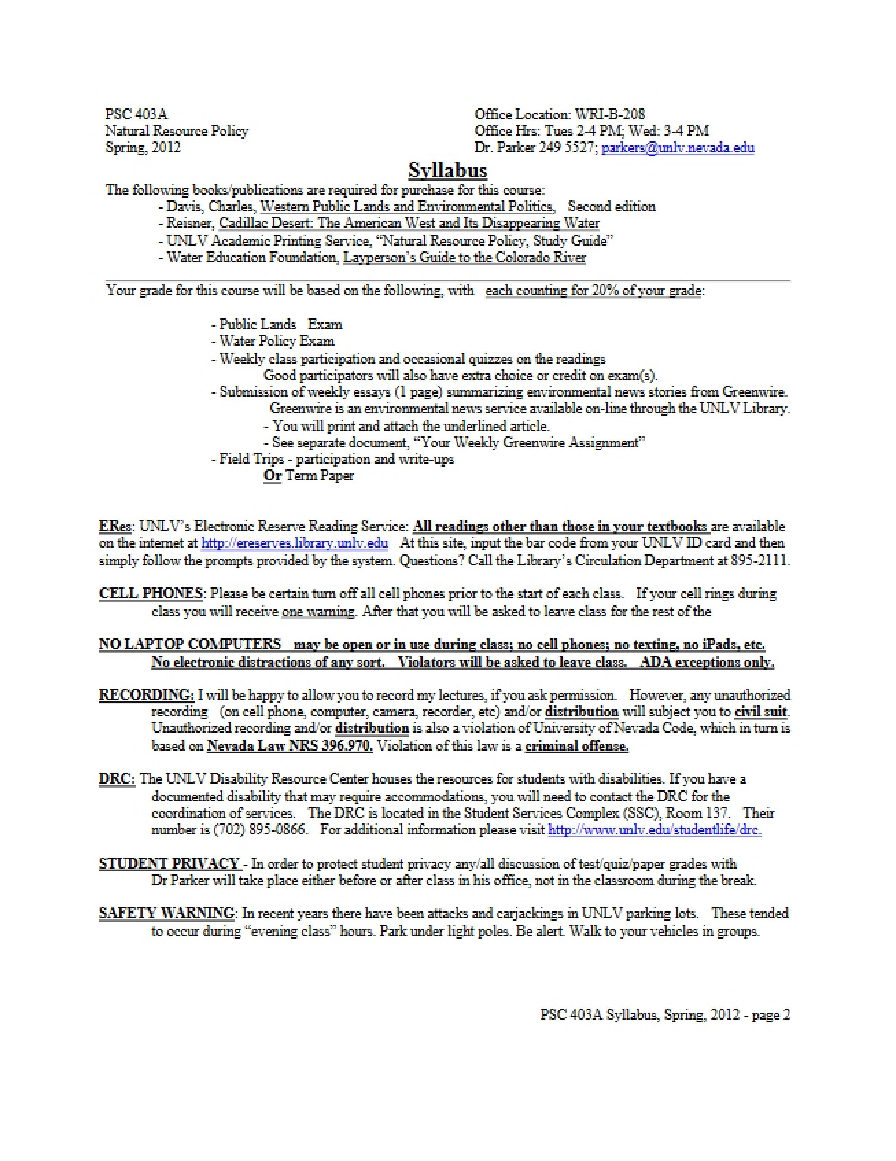 Course Syllabus Natural Resource Policy