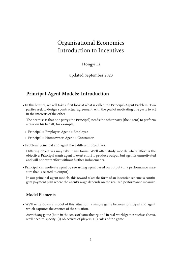 Lecture Notes on Incentive Schemes