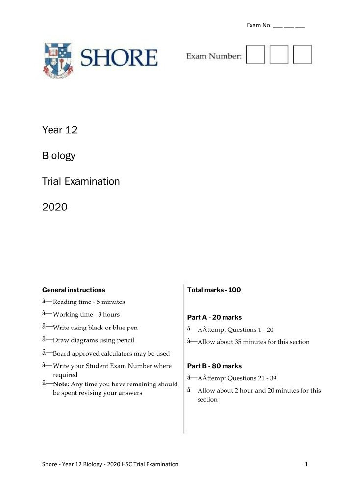 Year 12 Biology Trial Examination 2020 Part B