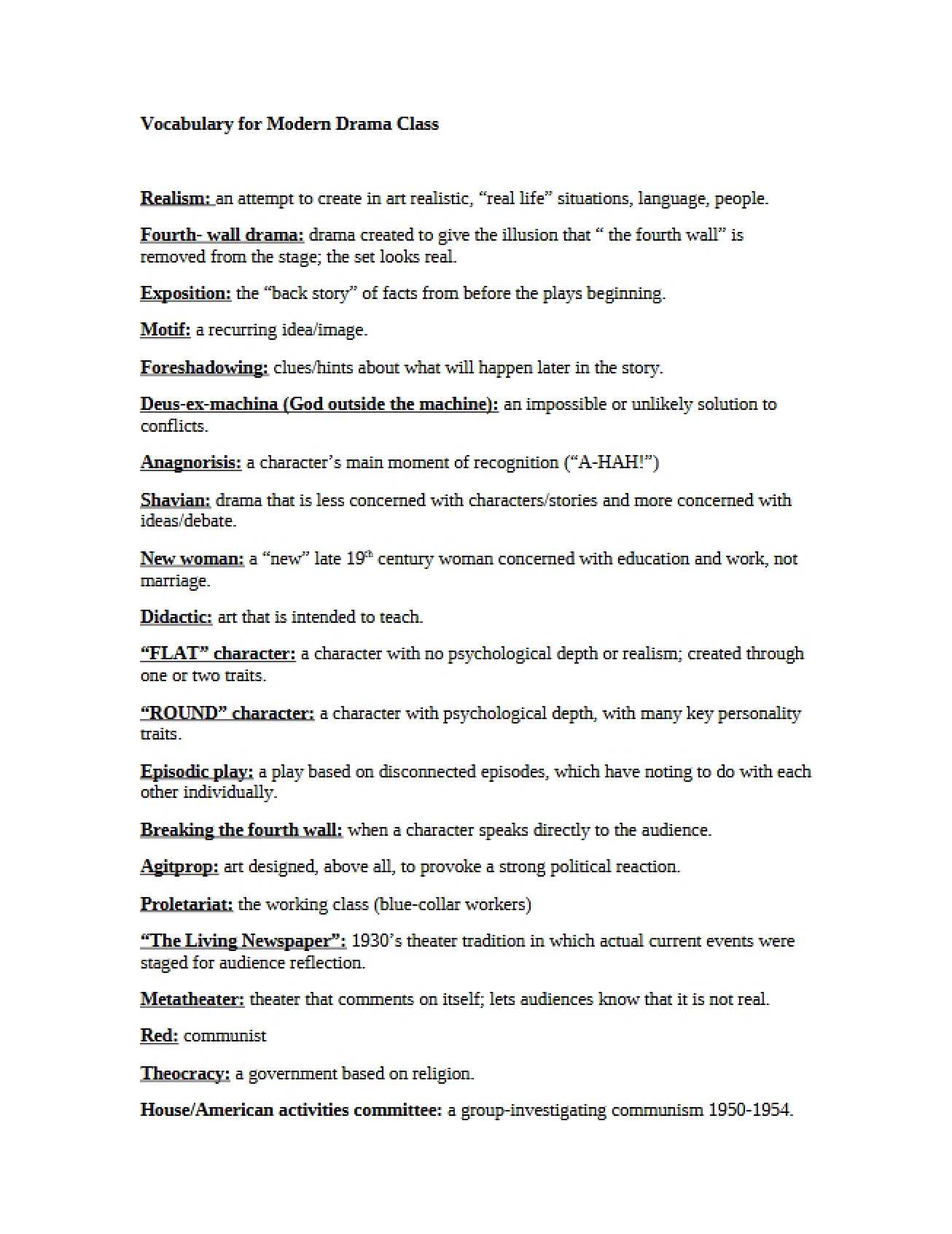 Modern Drama Class Vocabulary