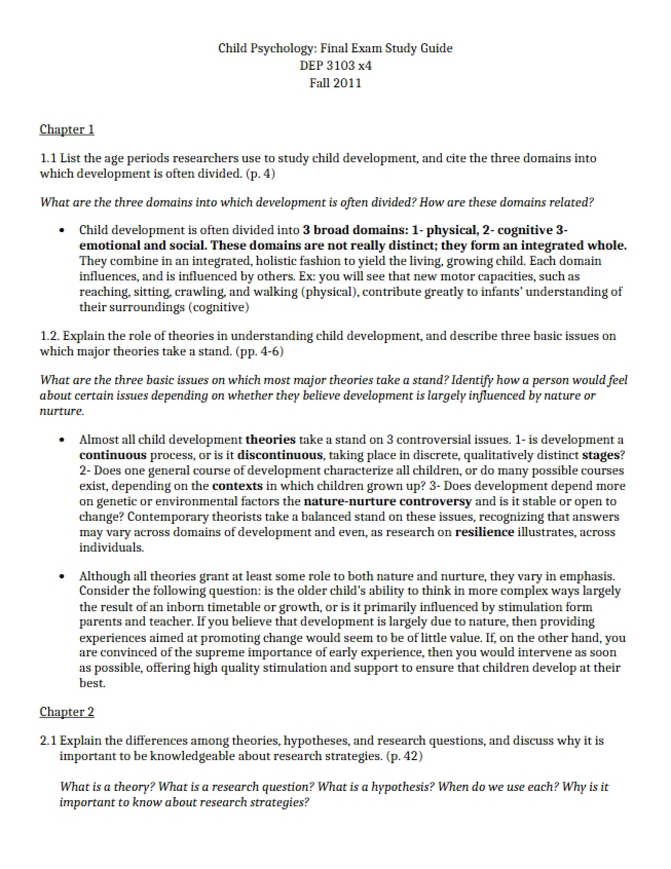 Study Guide for the Child Psychology Final Exam