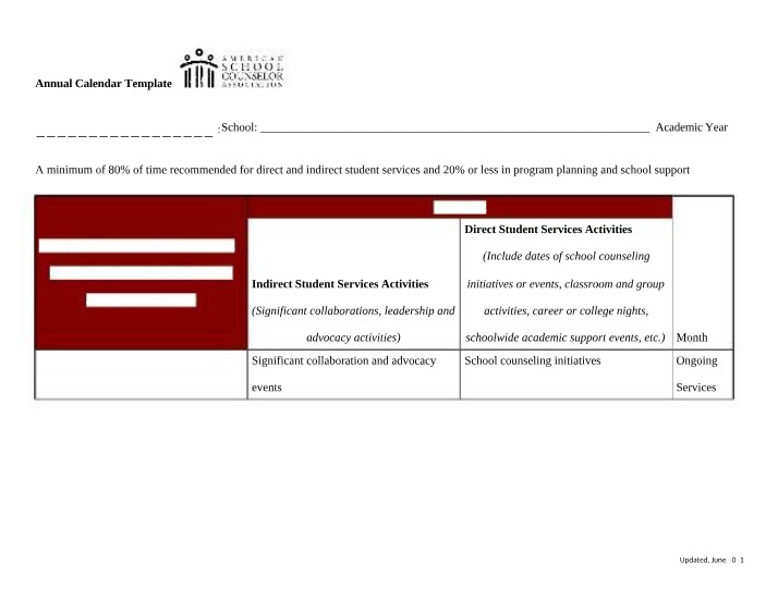 Comprehensive Annual School Counseling Calendar