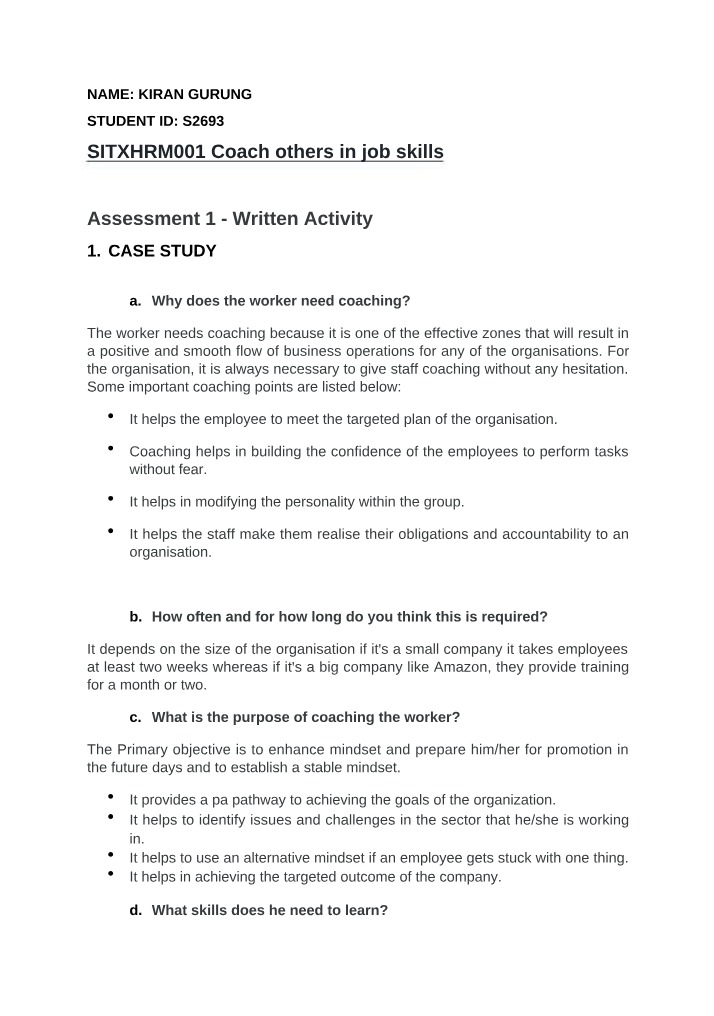 Written Activity - SITXHRM001 Assessment 1
