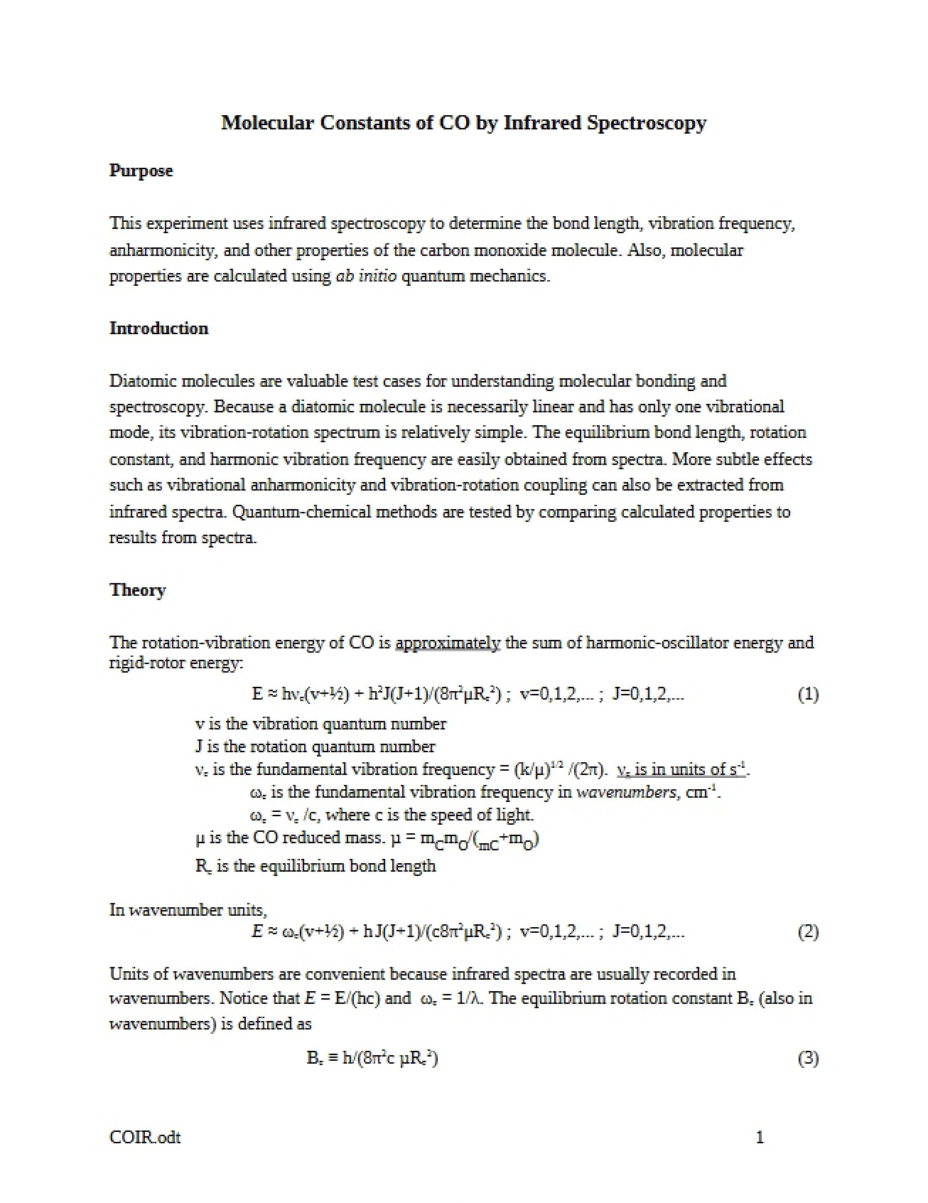 CO Molecular Constants via IR Spectroscopy