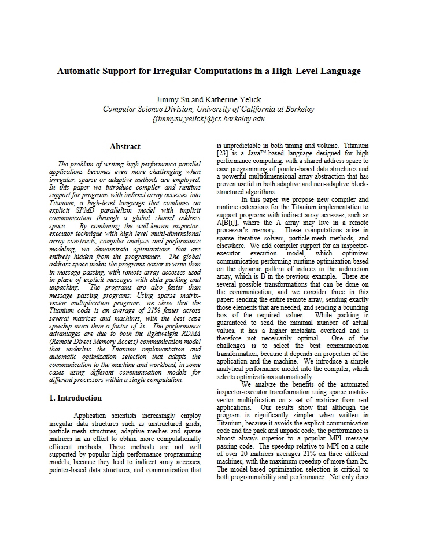 High-Level Language Automatic Support for Irregular Computations