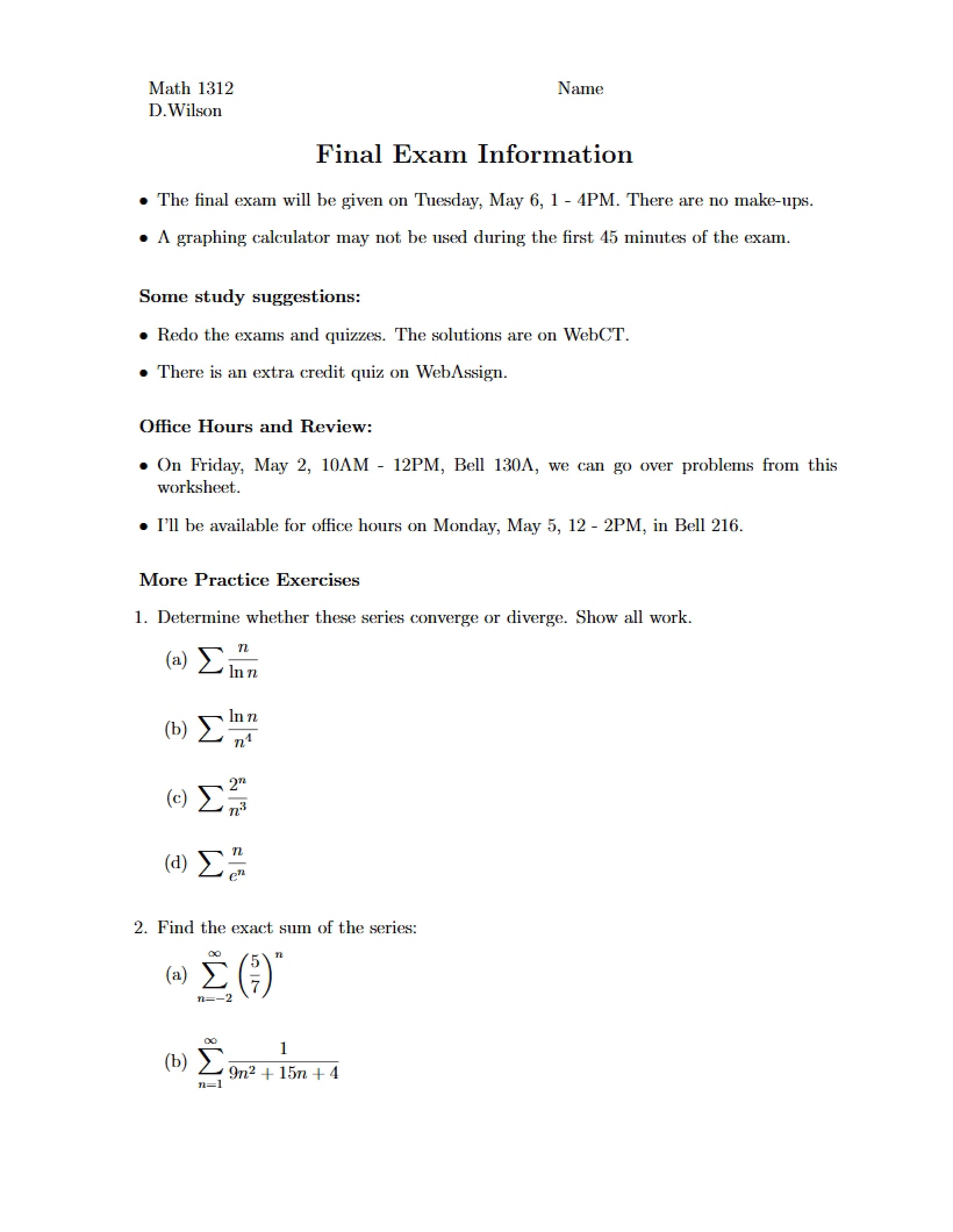 Information for Math 1312 Final Exam