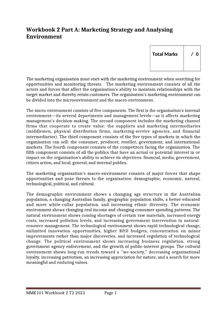 Workbook 2 Part A - Marketing Strategy and Environmental Analysis