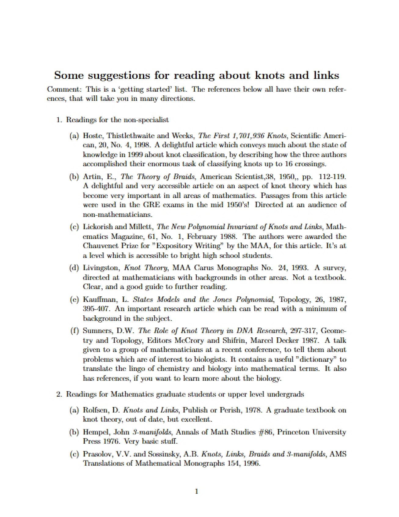 Knots and Links Reading List