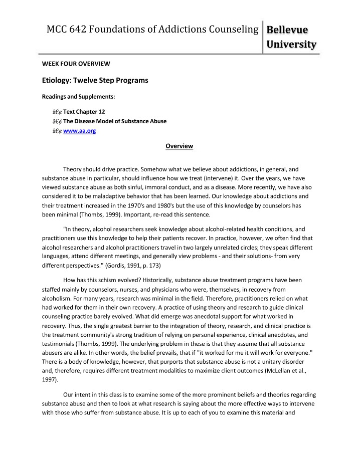 Week Four Overview - Foundations of Addictions Counseling
