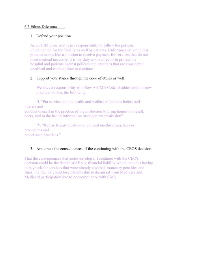 Ethics Dilemma - Defending Patients and Upholding AHIMA Code