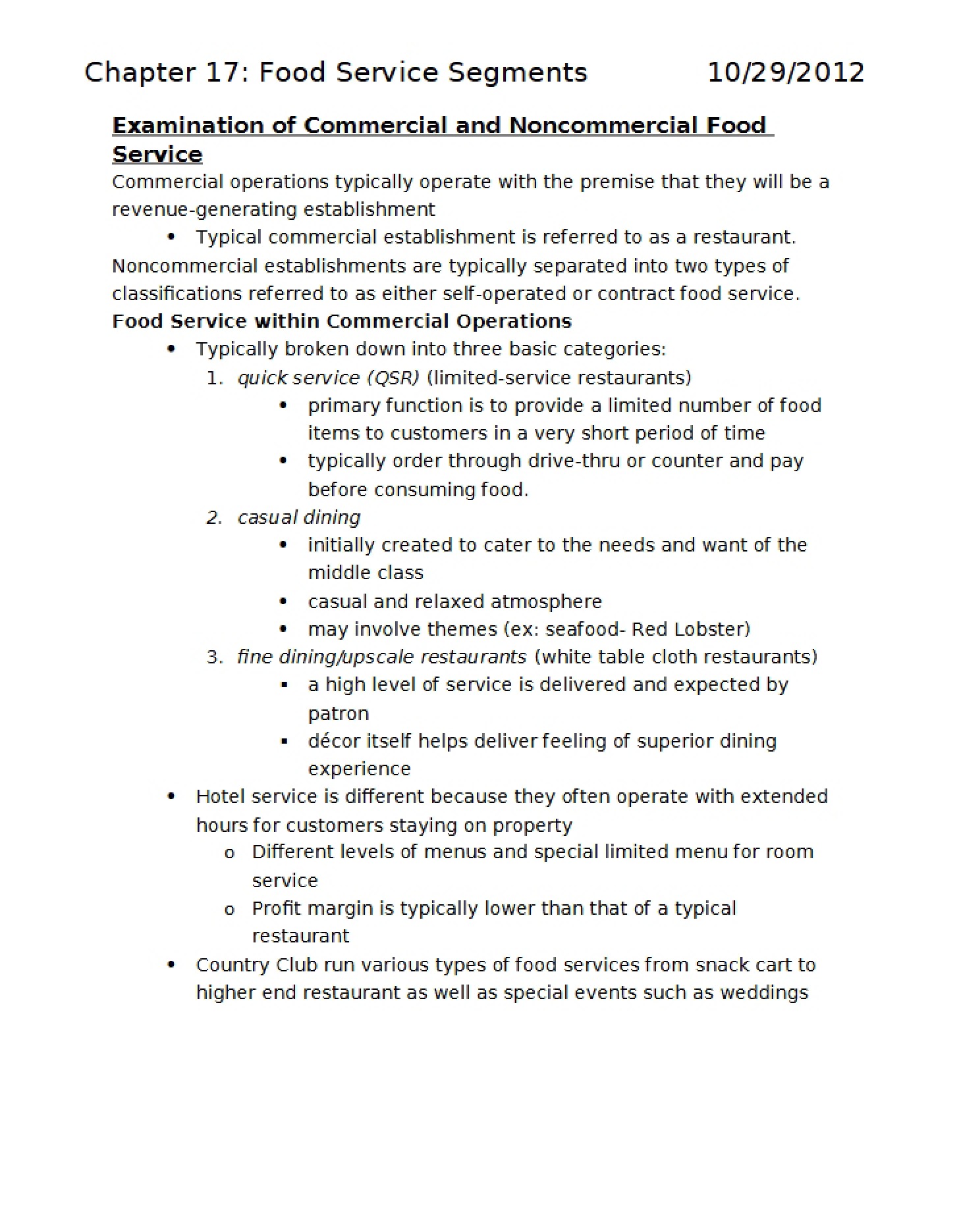 Chapter 17 Diverse Food Service Segments