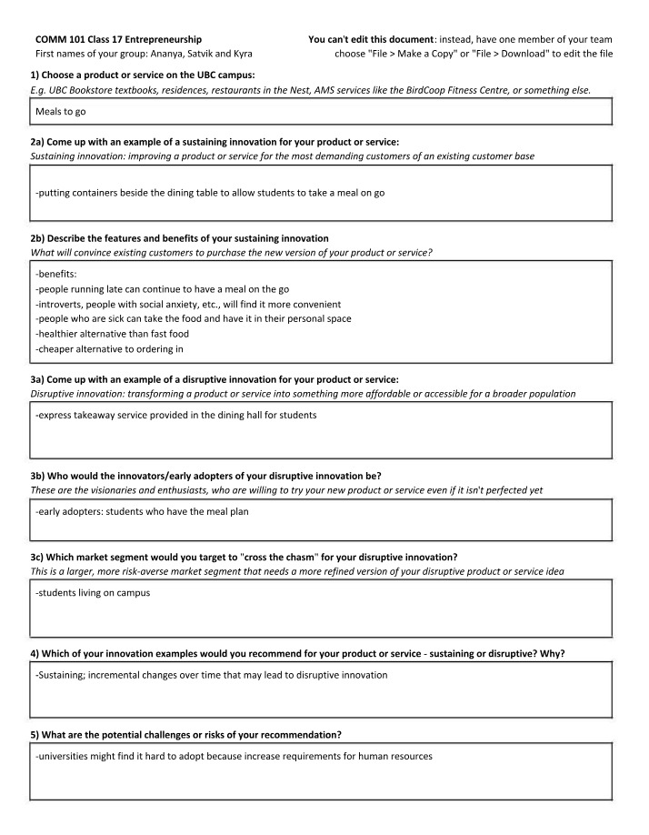 Entrepreneurship Assignment - COMM 101 Class 17