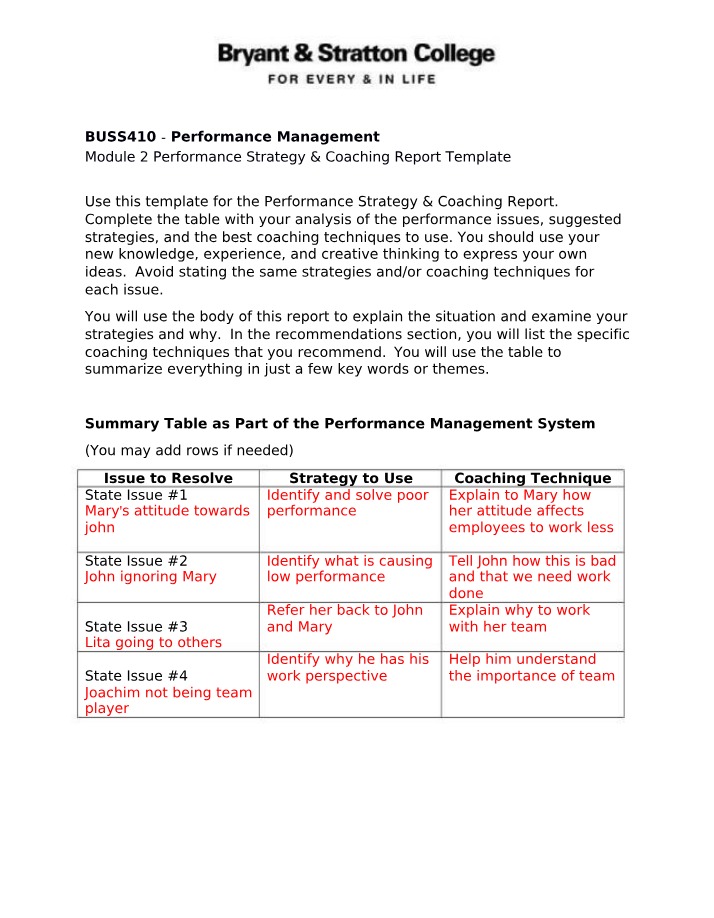 BUSS410 Strategy & Coaching Report Template