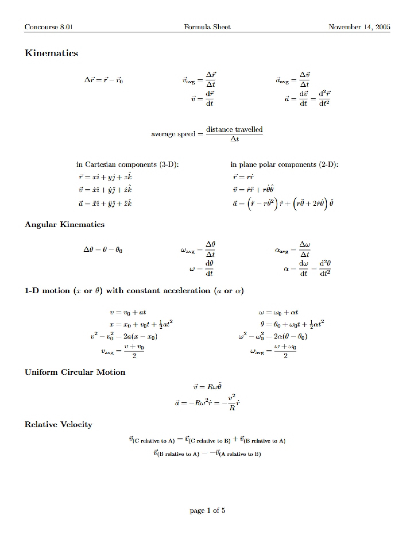 Sheet of Formulas