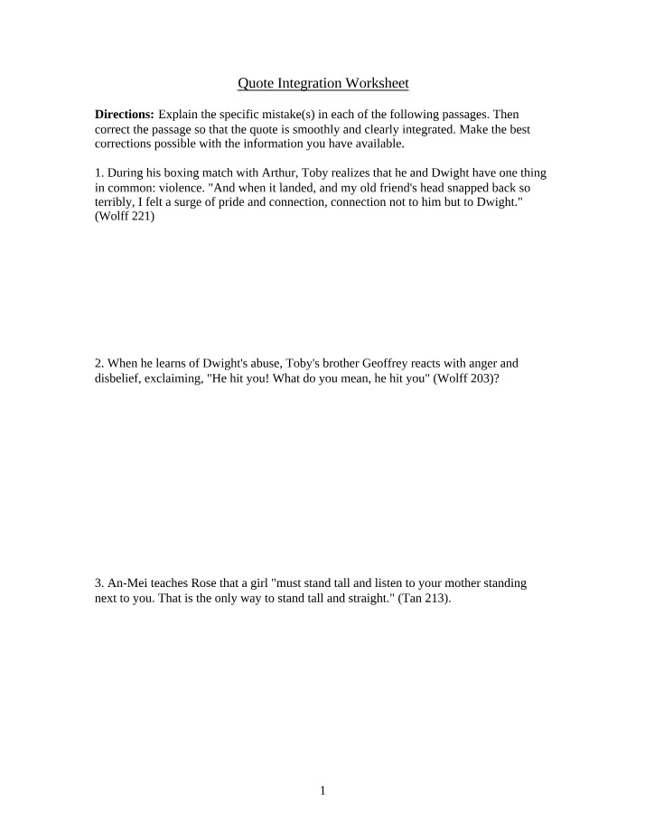 Worksheet for Quote Integration