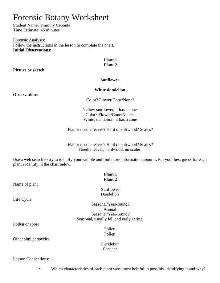 Forensic Botany Worksheet - Plant Identification and Analysis