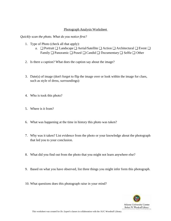 Worksheet for Photograph Analysis