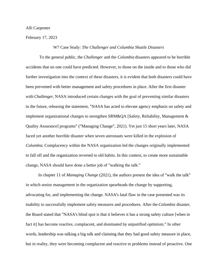The Challenger and Columbia Shuttle Disasters - Week 7 Case Study