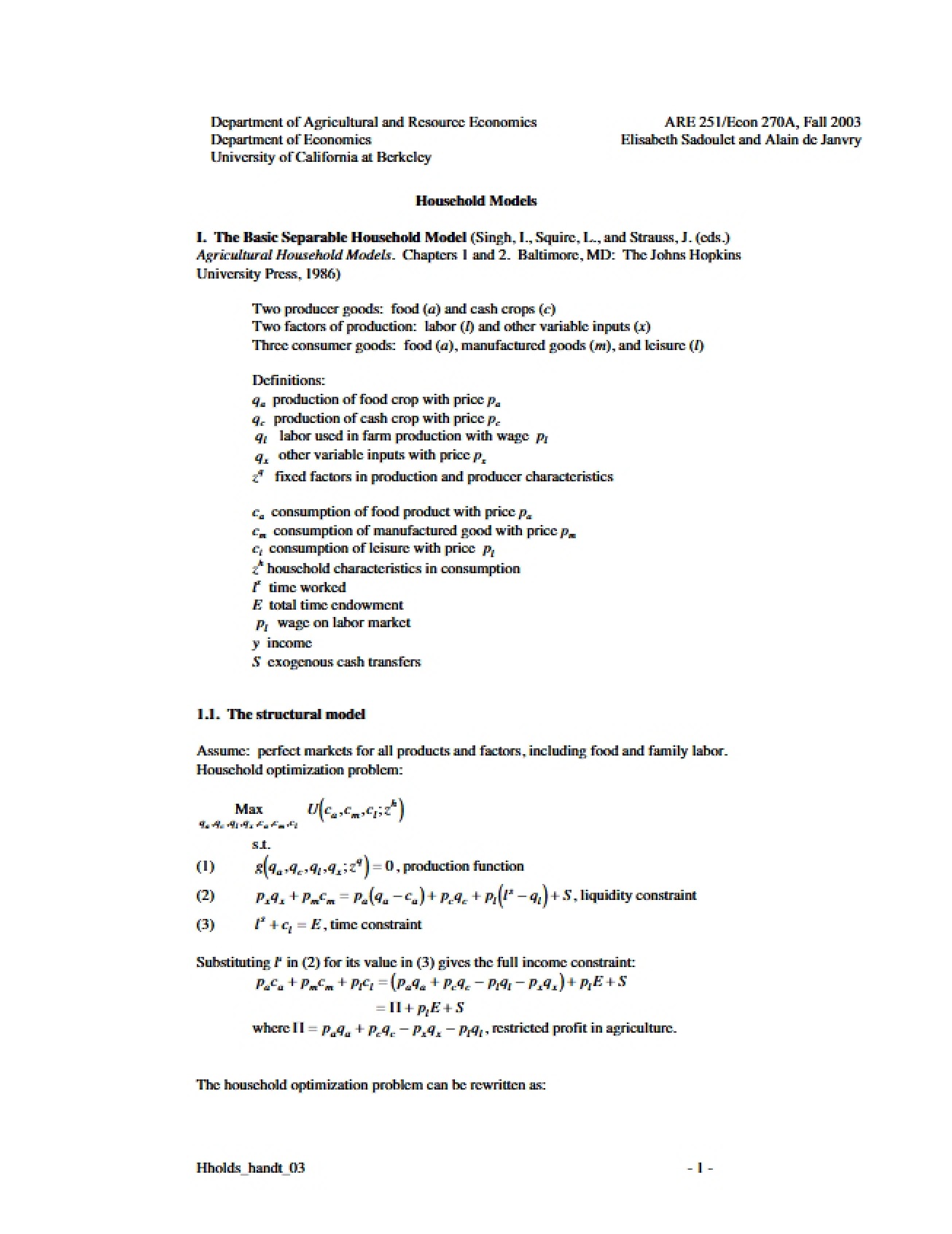 Household Economic Models