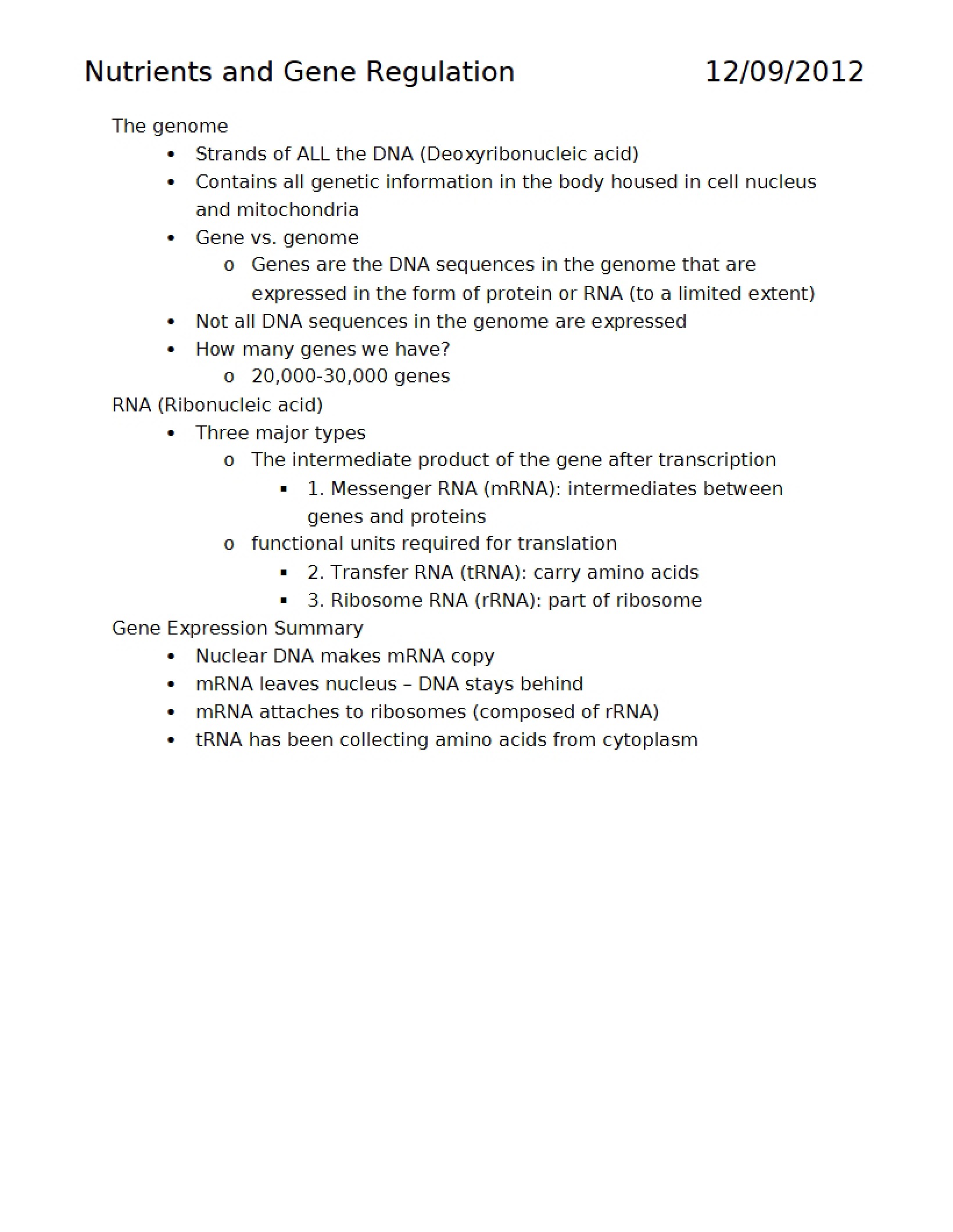 Gene Regulation and Nutrients