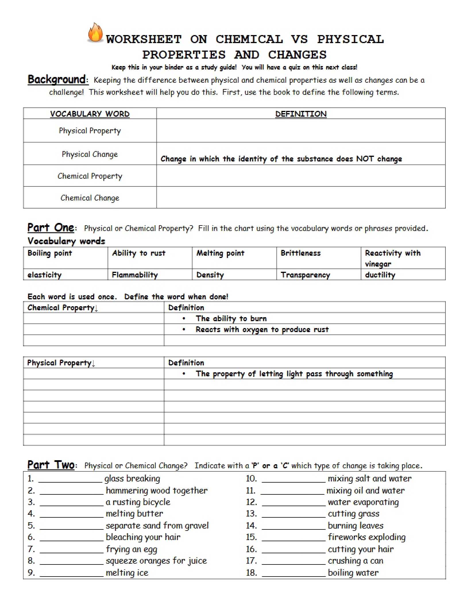 Chemical and Physical Changes and Properties Worksheet
