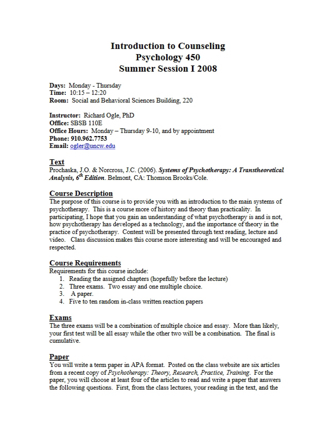 Summer I 2008 Syllabus for Psychology 450