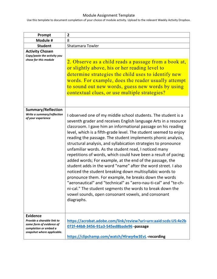 Word Identification Strategies - Observing a Child's Reading