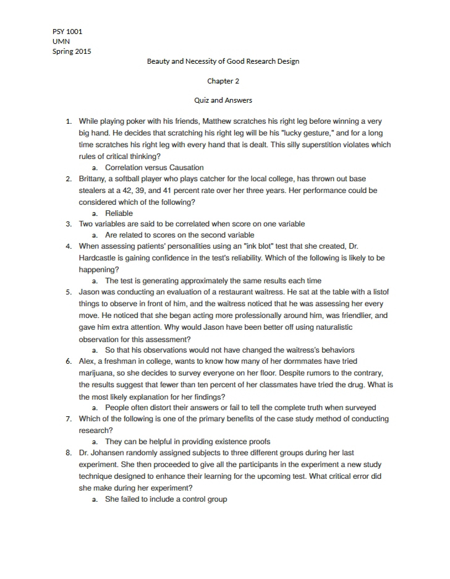 Quiz 02 Research Design Necessity