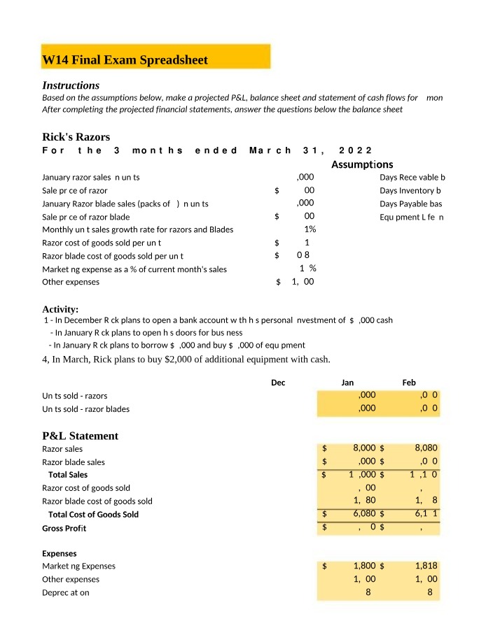 BUS180 Week 14 Final Exam Spreadsheet