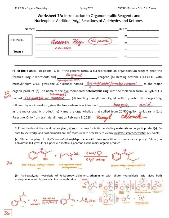 Worksheet 7A - Organometallic Reagents and Nucleophilic Addition (Adn) Reactions