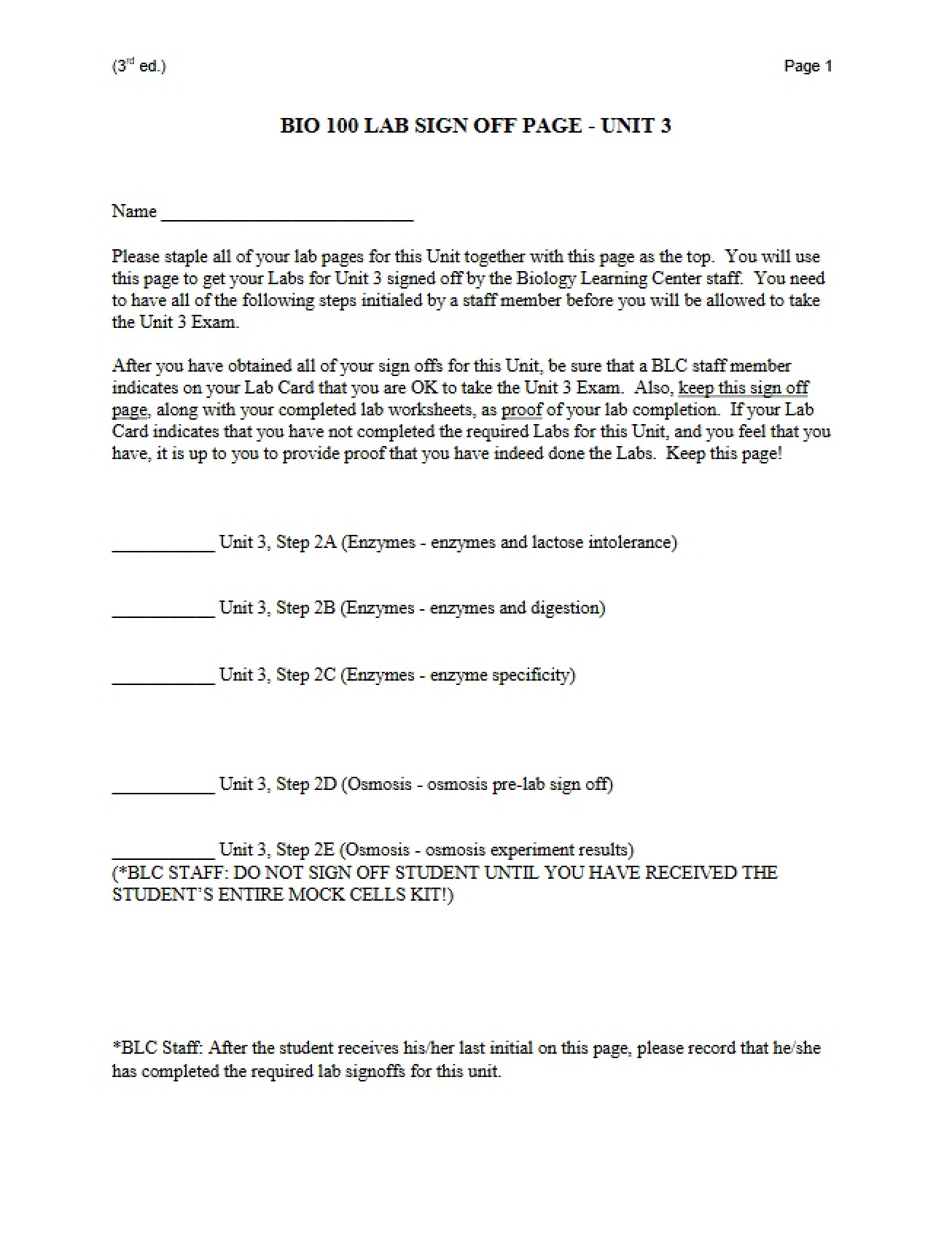 Lab Worksheets for Unit 3