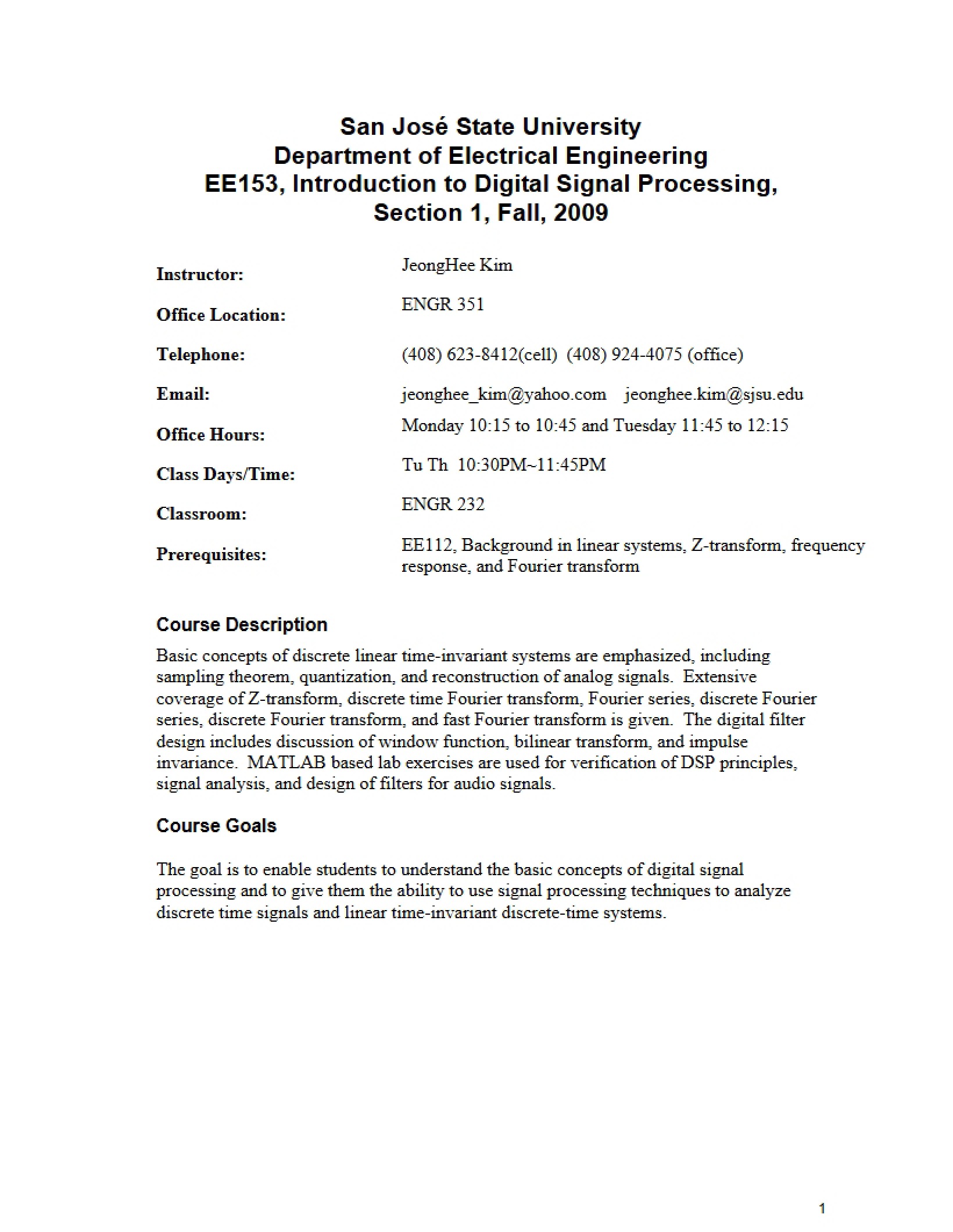 EE 153 Class Outline