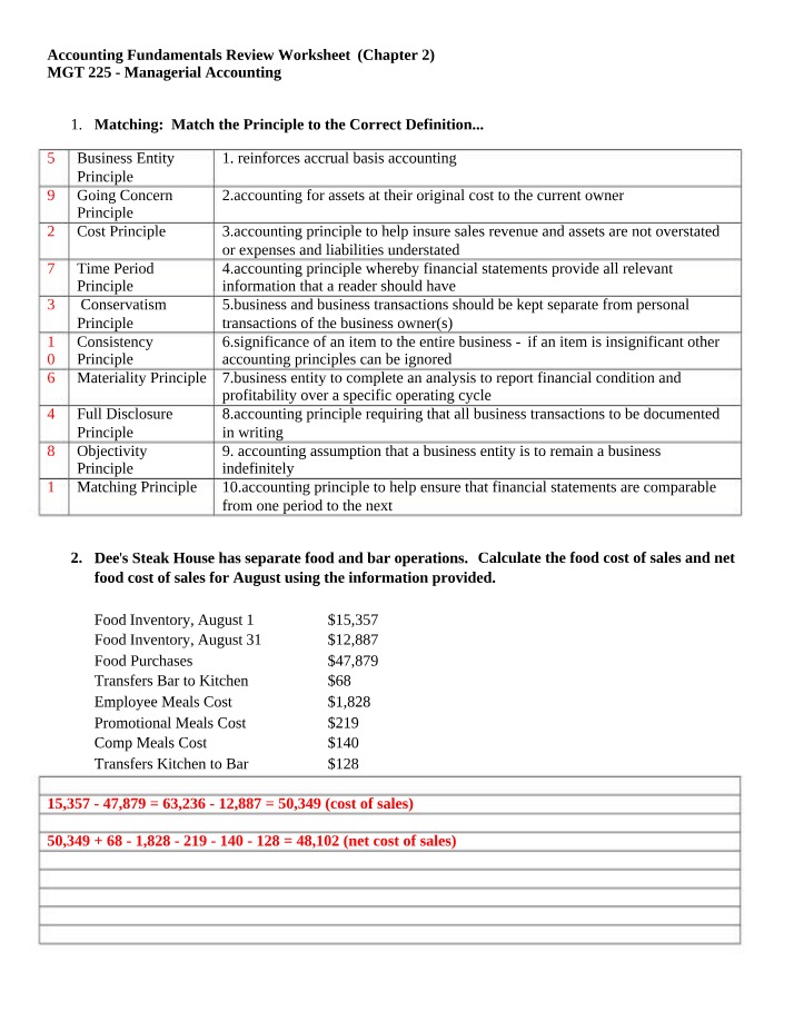 Review Worksheet for Accounting Principles and Costs