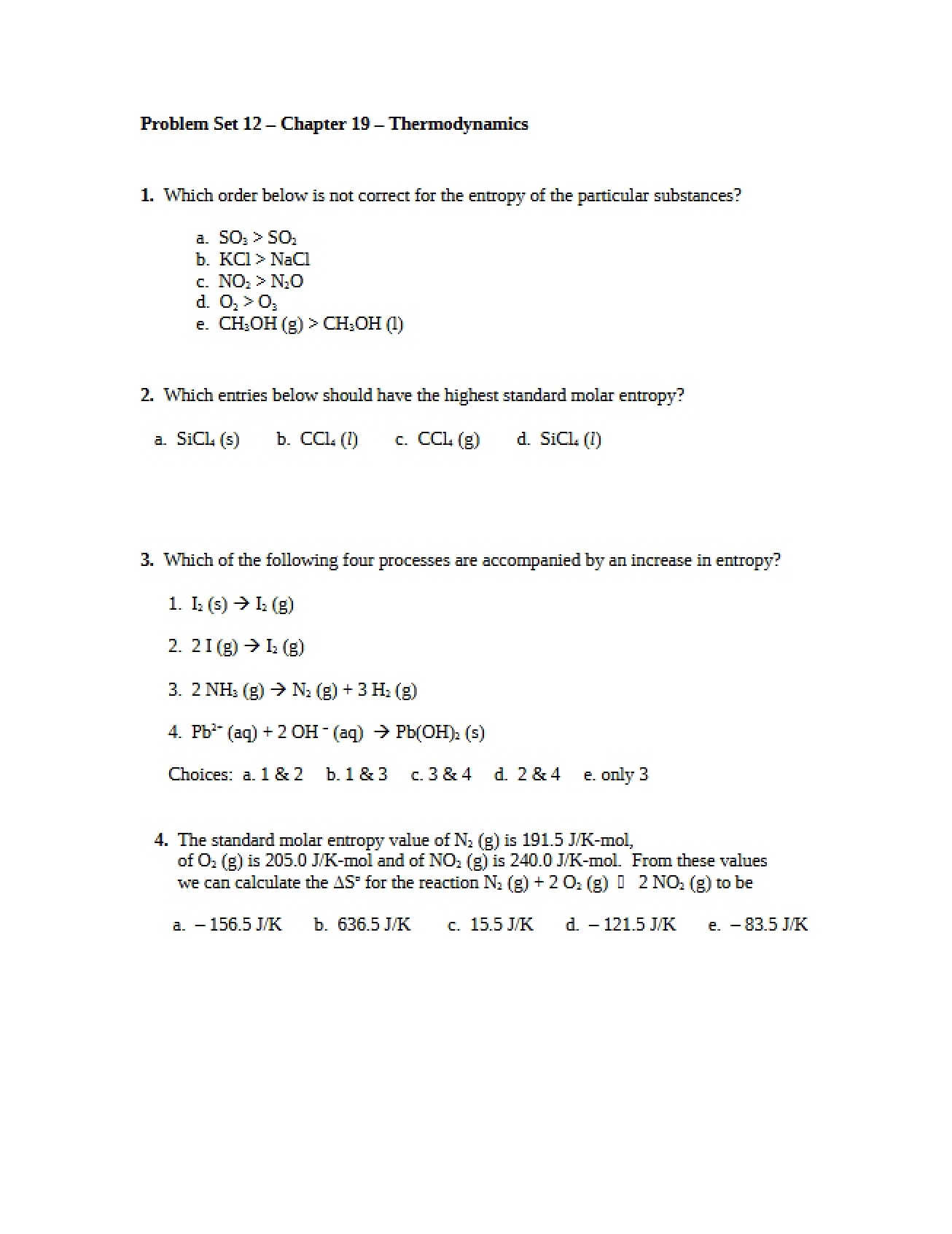 Thermodynamics Problem Set 12 (Ch 19)