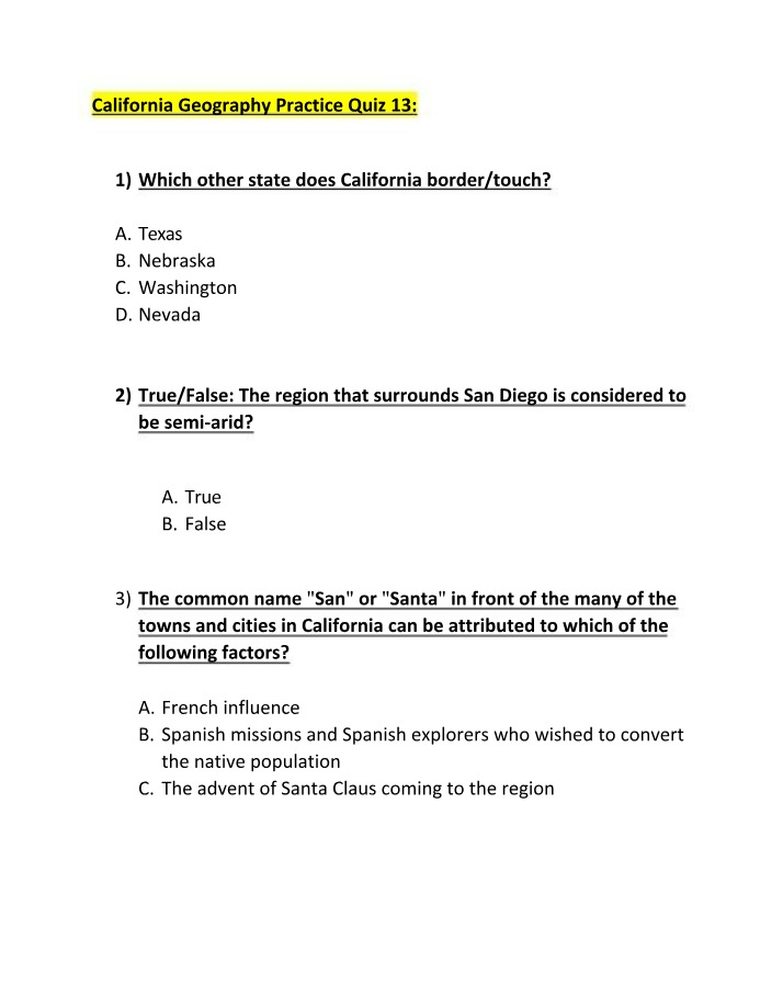 Practice Quiz 13 - California Geography