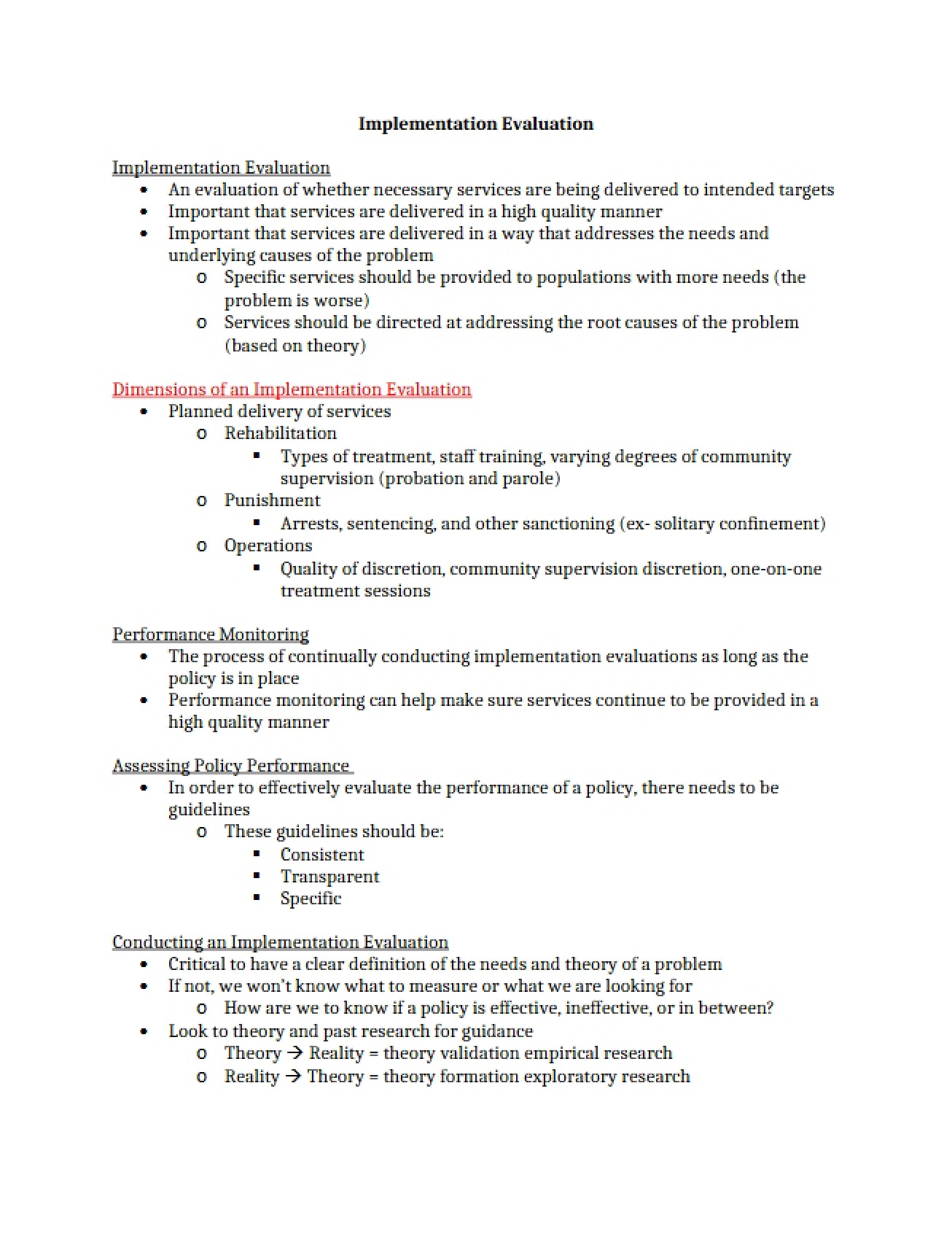 Evaluation of Implementation - Part One