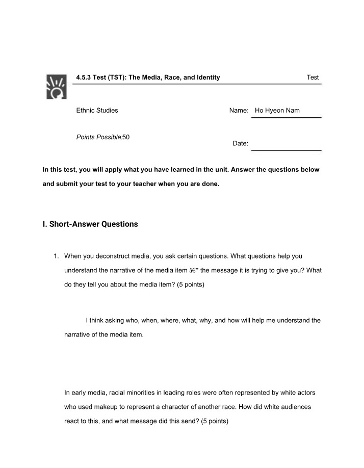 Media, Race, and Identity Test