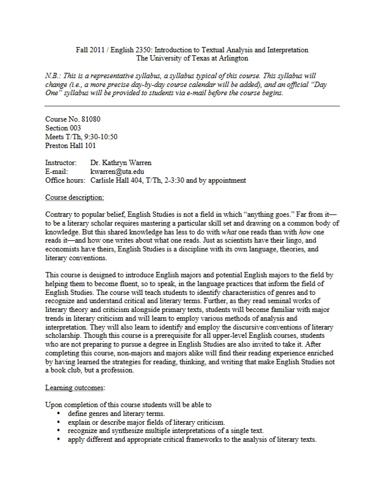 English 2350 Course Syllabus