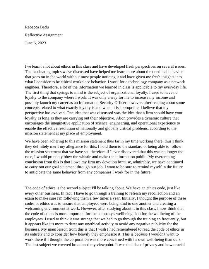 Statement of Reflection