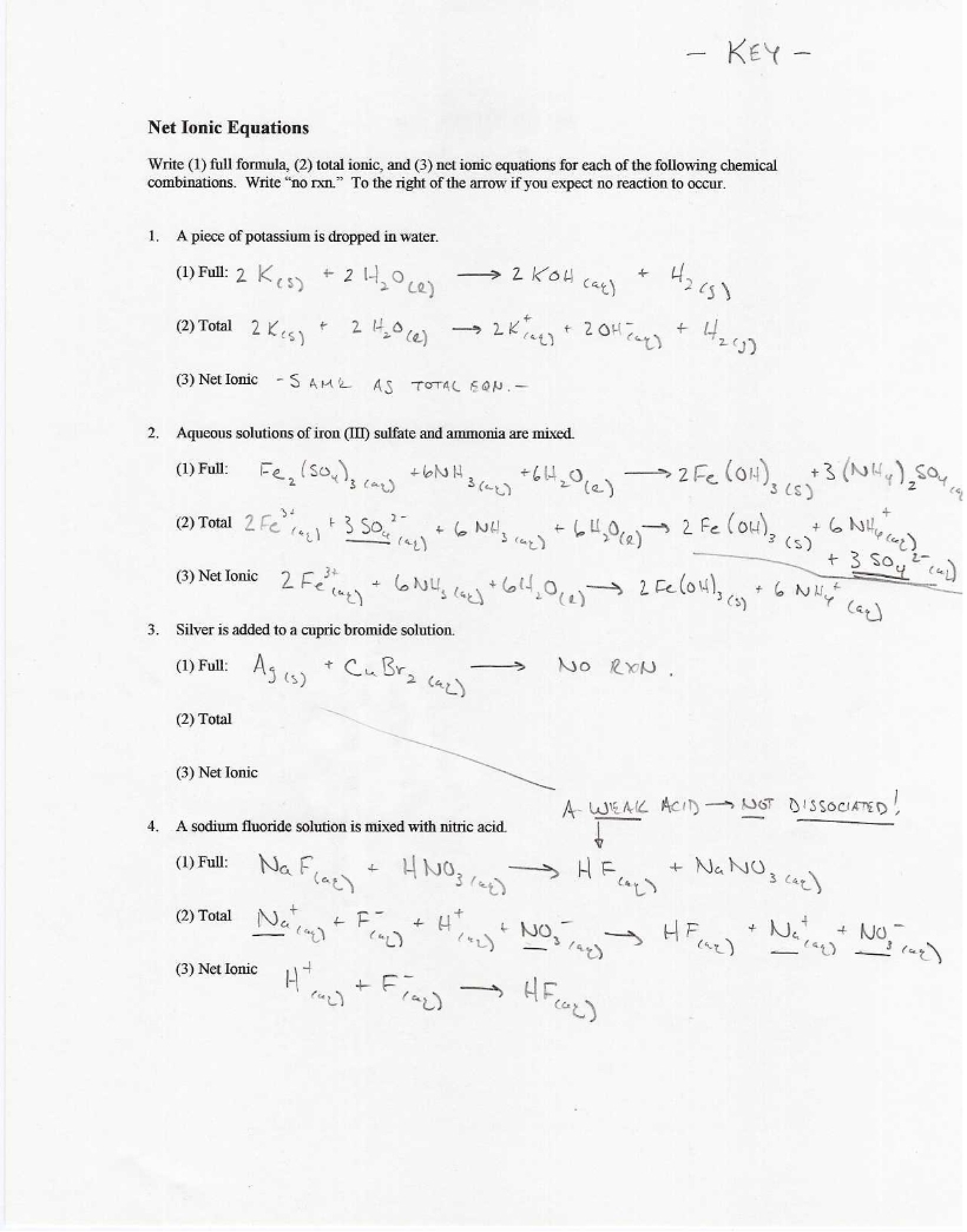 Key for Net Ionic Equations