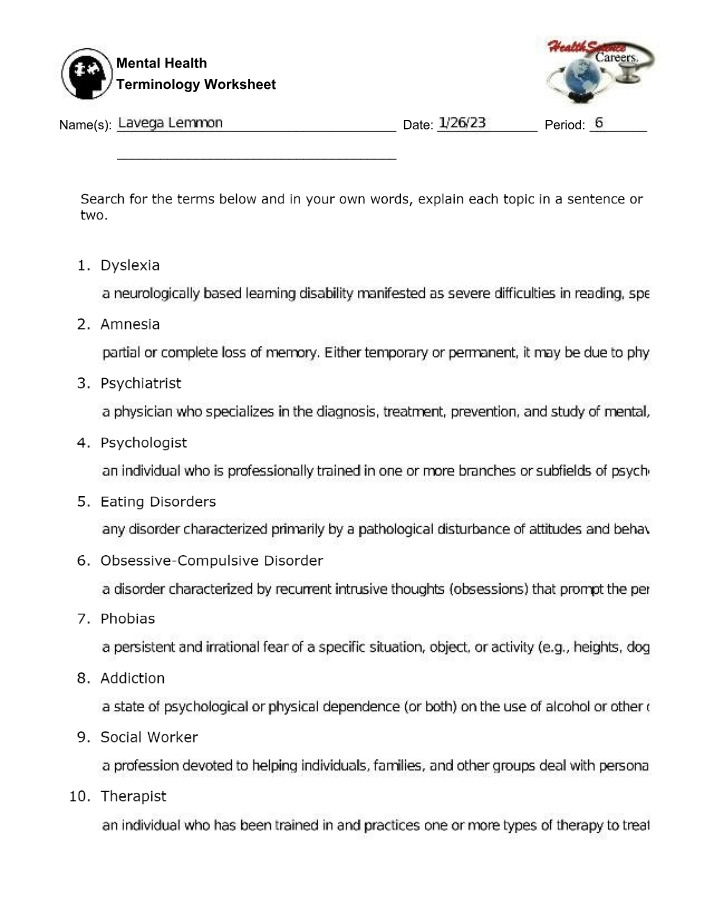 Worksheet on Mental Health Terminology